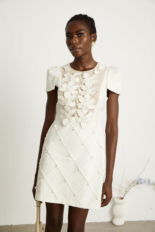 Coralie white petal-detail buttoned mini dress (US Only)