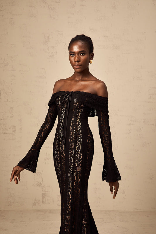 Émeline floral lace flared-cuff midi dress in Black