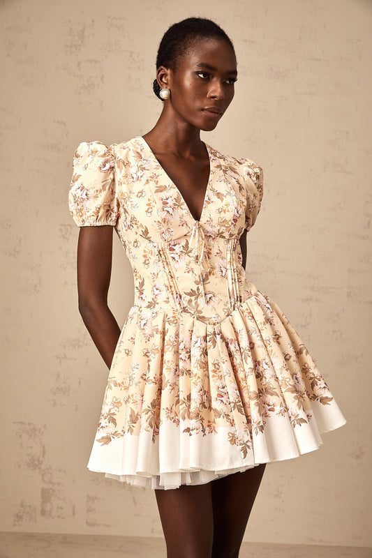 Celiane yellow floral-print pleated mini dress