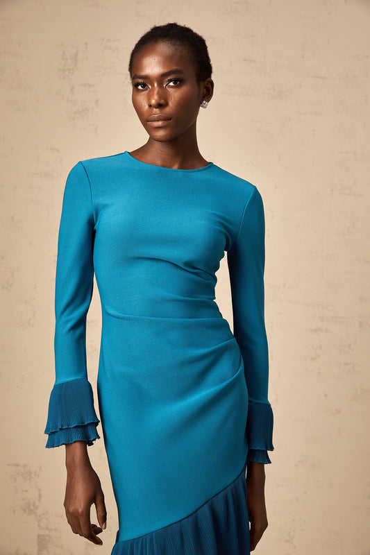 Fleurida ruffled-trim panelled midi dress in Blue