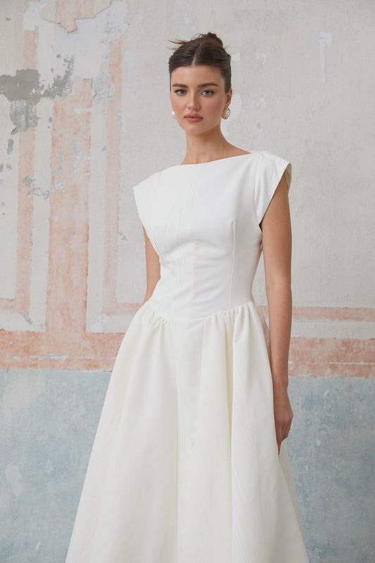 Amandine white open-back cap-sleeve midi dress