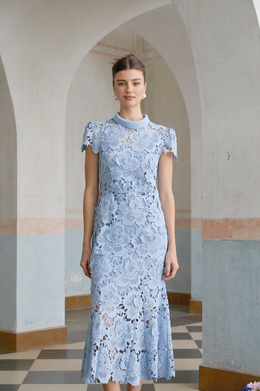 Aurore Blue Floral Appliqué Lace Midi Dress