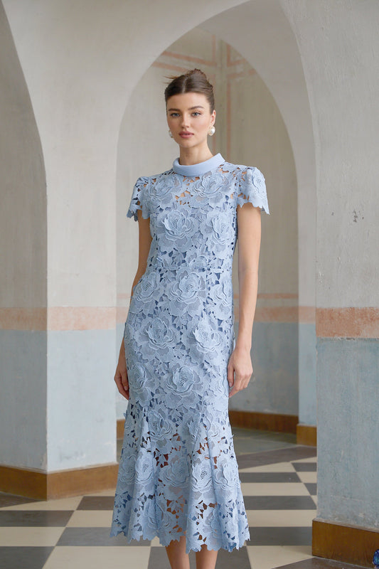 Aurore Blue Floral Appliqué Lace Midi Dress (US Only)