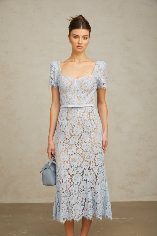 Audrey blue floral-lace boned midi dress (US Only)