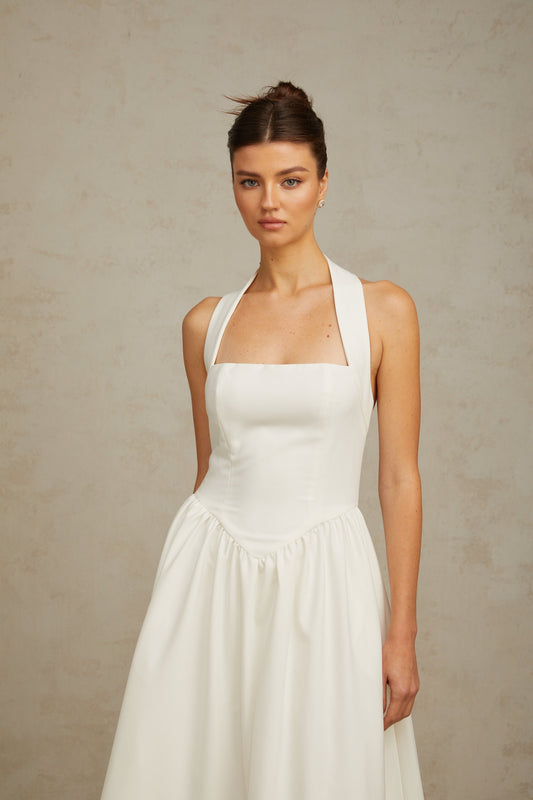 Alizée halterneck pleated midi dress in White (US Only)