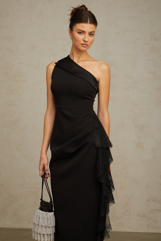 Bernadette black lace-panell asymmetrical midi dress (US Only)