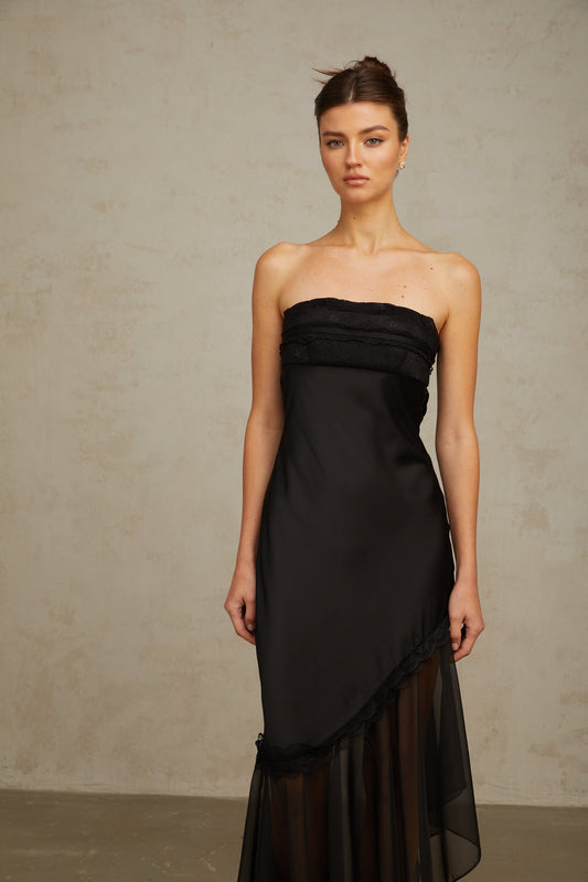 Bernadette black tulle-panelling satin maxi dress