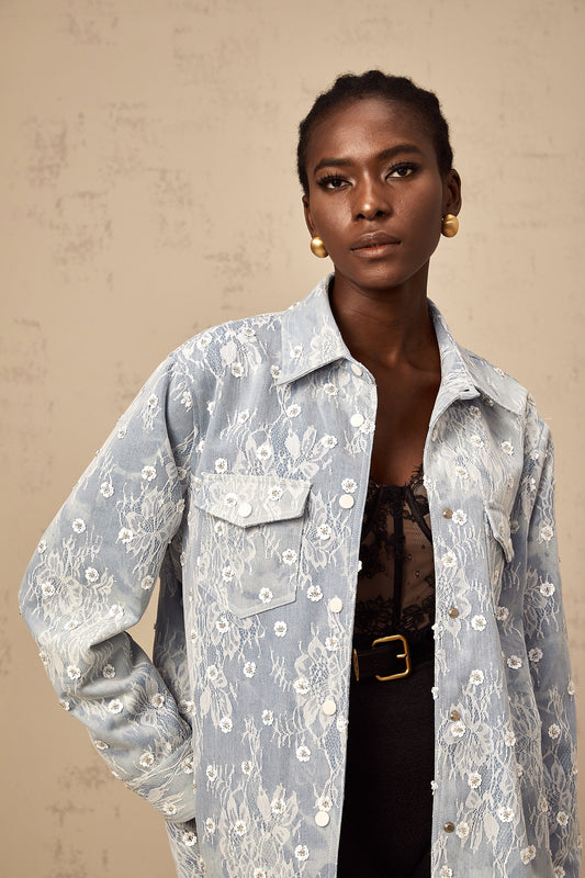Blanche blue sequined floral-appliqué denim jacket (US Only)