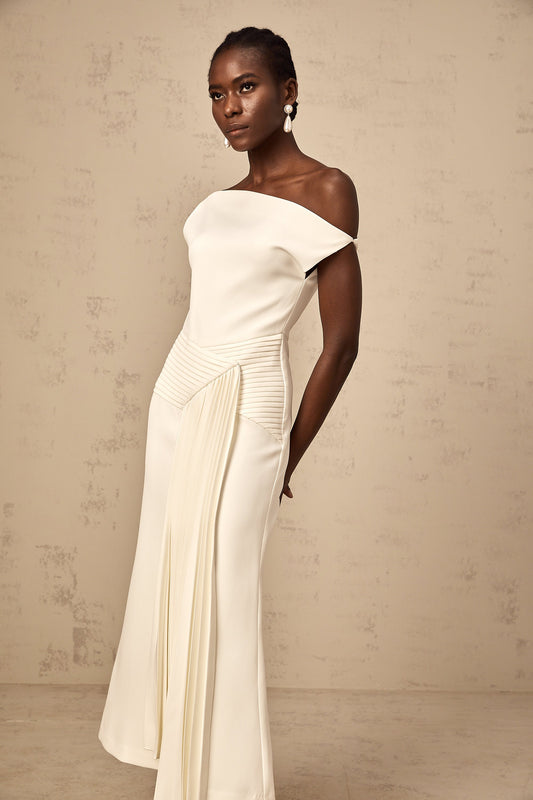 Laurine asymmetrical draped midi dress in White