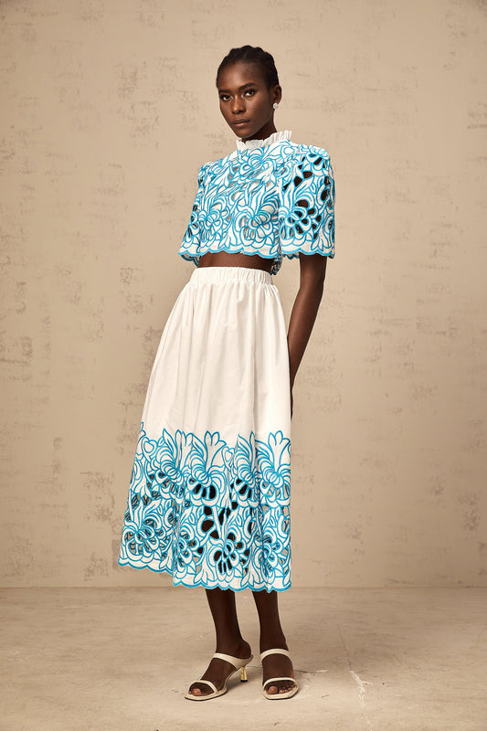 Aurore blue cut-out embroidered top & skirt matching set (US Only)