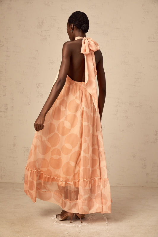 Clémence coral-pink halterneck pattern-print maxi dress (US Only)