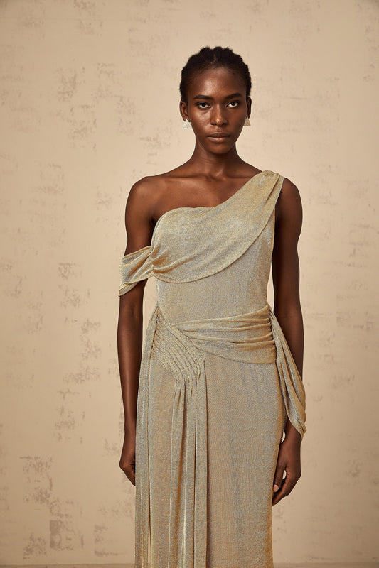 Anne gold ribbon-design gathered maxi dress (US Only)
