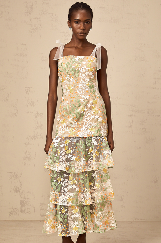 Bérénice white flower-embroidered tiered midi dress (US Only)