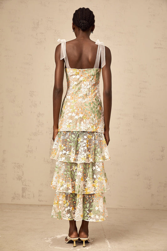 Bérénice white flower-embroidered tiered midi dress (US Only)