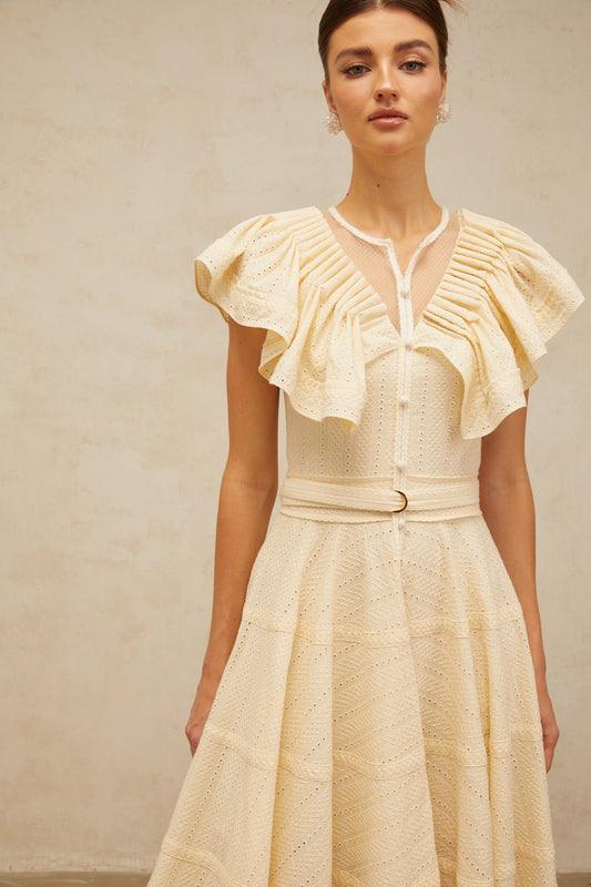 Irène neutrals belted pointelle-trim ruffled midi dress