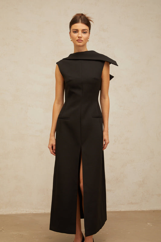 Léonore black deconstructed open-back midi dress