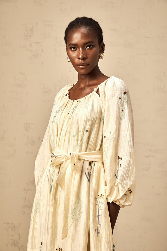 Seraphe beige flower-embroidered beaded midi dress