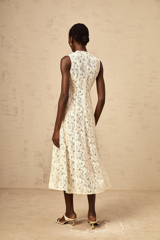 Edelie beige floral-lace flared midi dress (US Only)