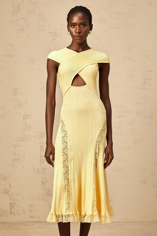 Airelle yellow lace-panelled rib-knit midi dress (US Only)