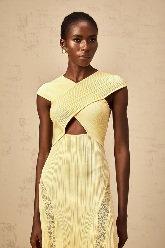 Airelle yellow lace-panelled rib-knit midi dress (US Only)