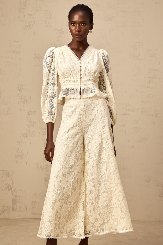 Jacinthe neutrals floral-lace blouse & trousers matching set (US Only)