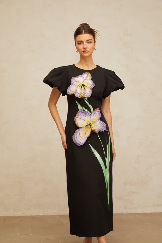 Irène sequined floral-embroidered midi dress in Black