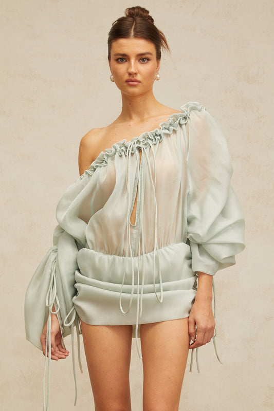 Béryl light-green ruffled-trim ruched mini dress (US Only)