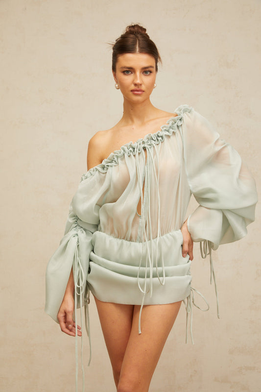 Béryl light-green ruffled-trim ruched mini dress (US Only)