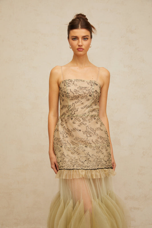 Mathilde green embroidered panelled midi dress
