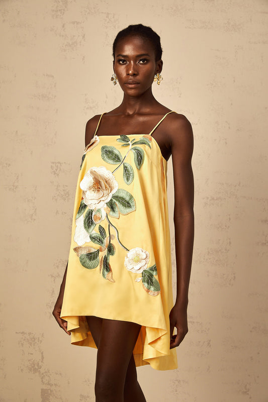 Avril Yellow Floral Embroidered Mini Dress (US Only)