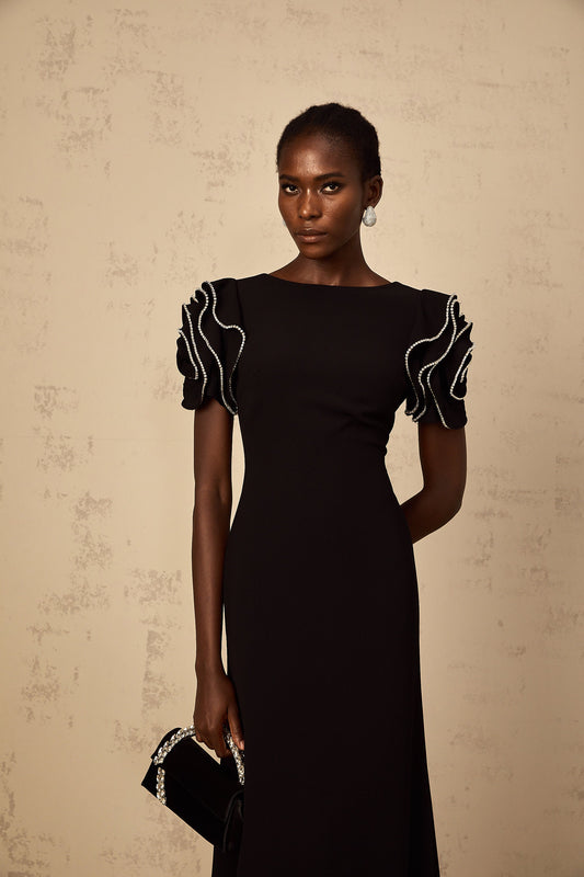 Bruyère Black Ruffled Embellished Maxi Dress