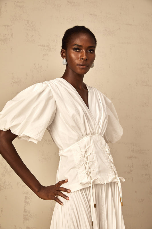 Vienne White Lace-Up Pleated Maxi Dress