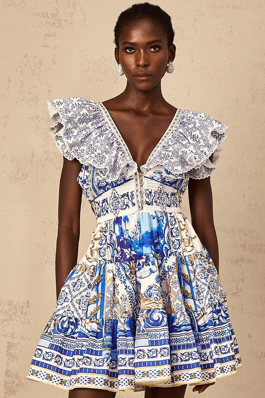 Calliopée Blue Baroque Print Tiered Mini Dress (US Only)