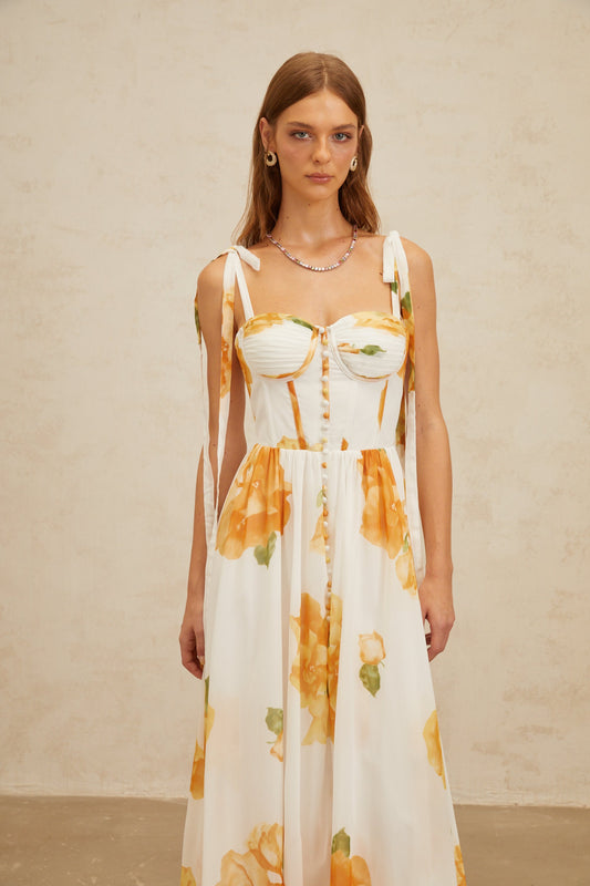 Bérénice White Floral Print Shirred Maxi Dress