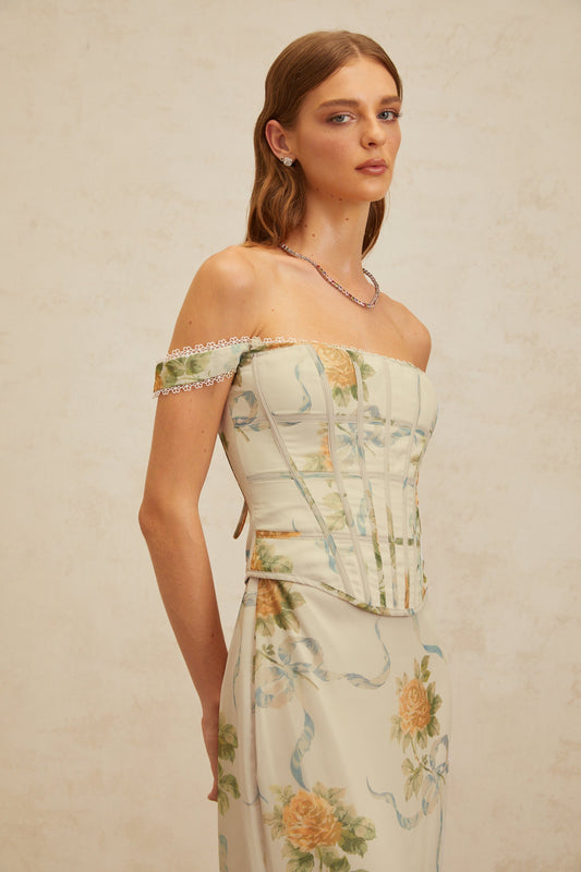 Béryl Soft-Blue Floral Print Fitted Maxi Dress