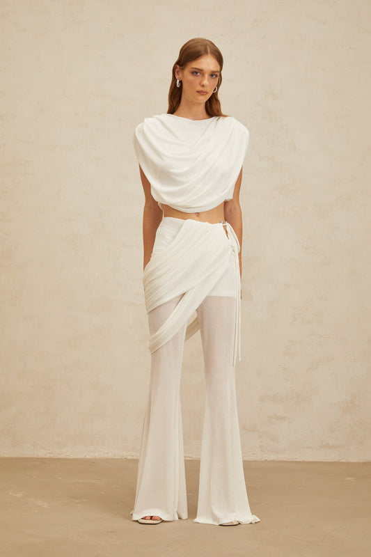 Dulcie White Asymmetrical Ruched Matching Set
