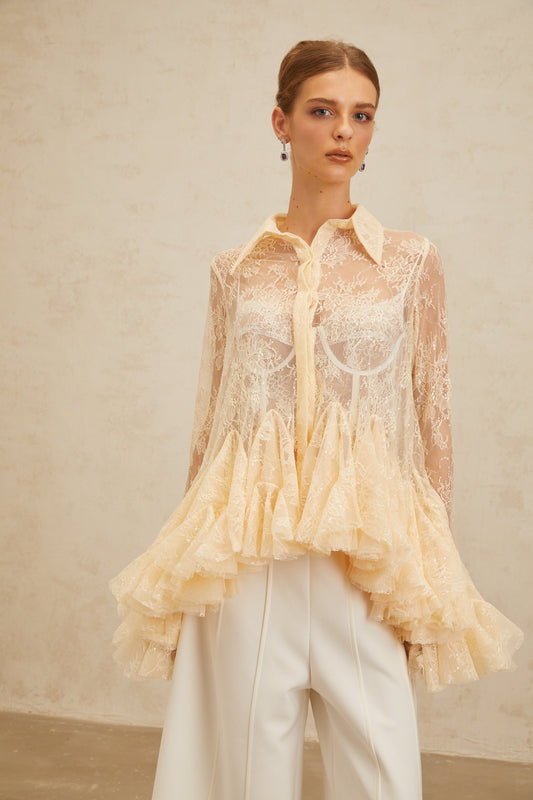Ingrid Neutral Peplum Floral Lace Blouse