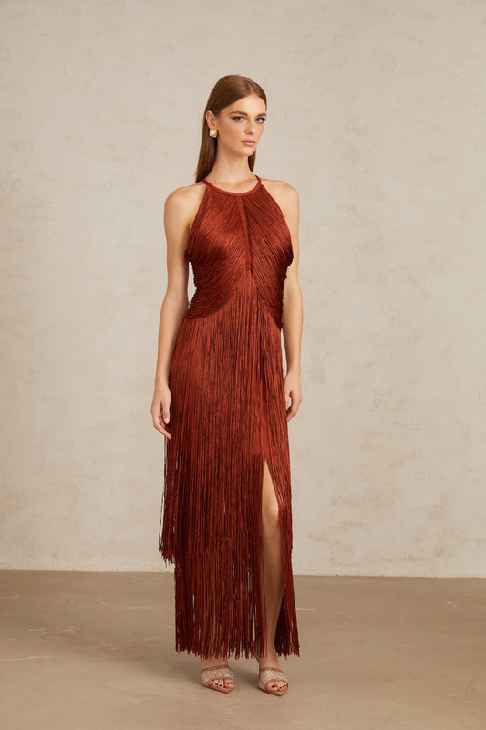 Mélisande Rusty Red Halterneck Fringed Maxi Gown