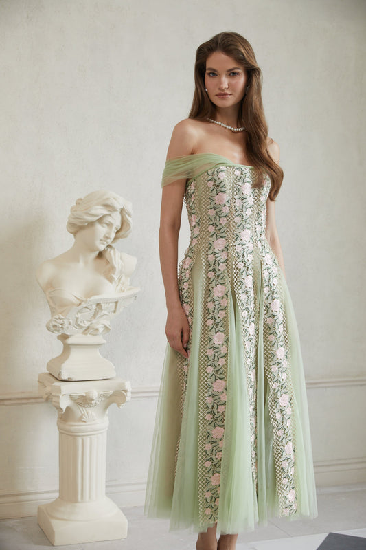 Eleni Green Tulle Panel Floral Midi Dress