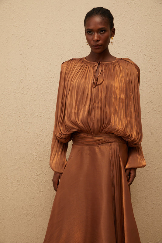 Eugénie Pleated Ruffle Maxi Dress in Brown