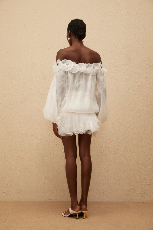 Elise White Crinkled Floral Appliqué Mini Dress