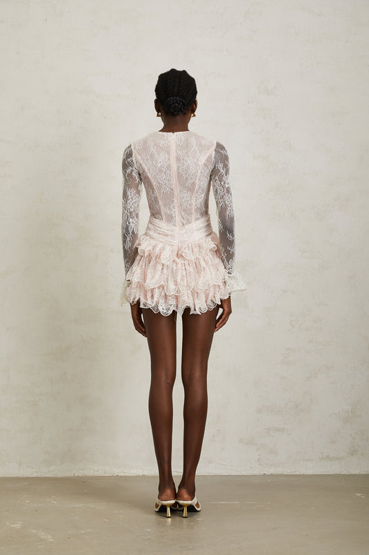 Baptistine White Floral Lace Tiered Mini Dress
