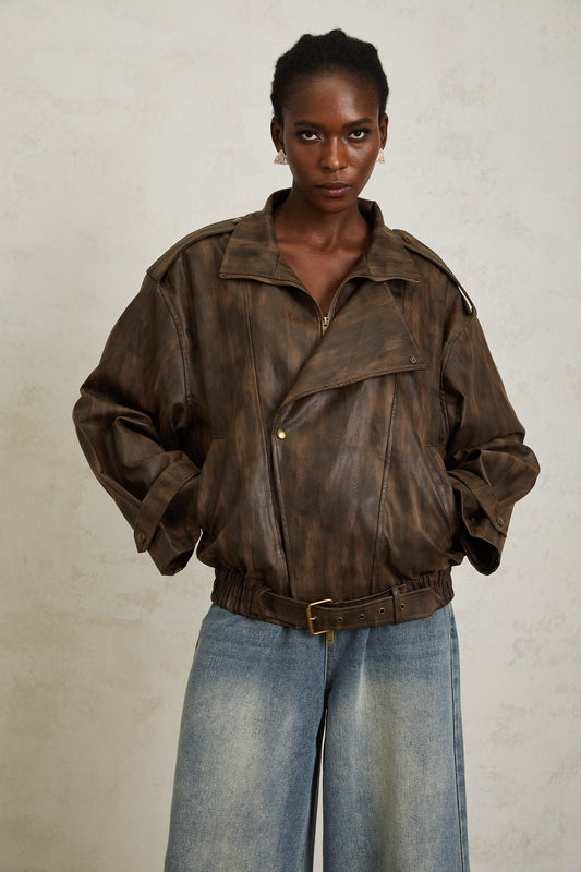Manon Brown Tie-Dye Leather Biker Jacket