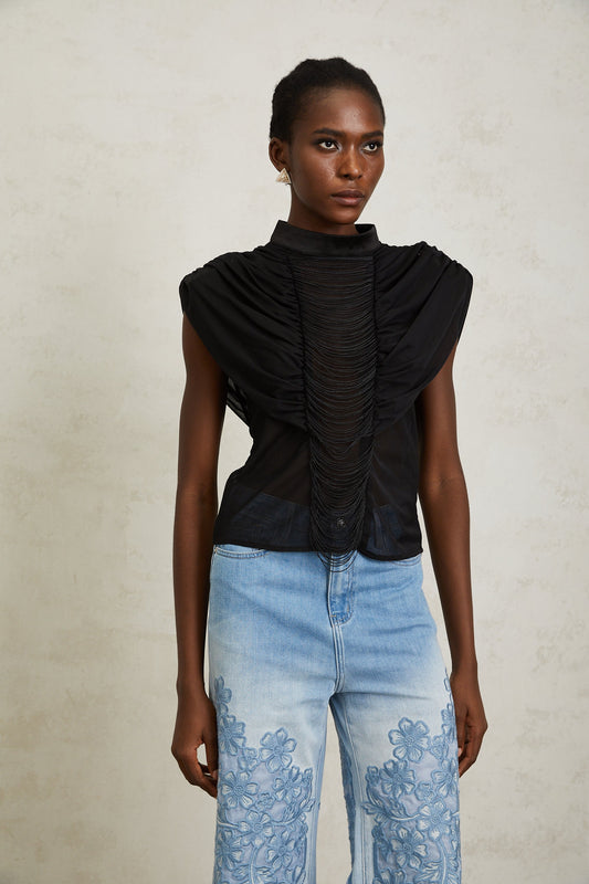 Zazie Black Fringed Ruched Tulle Top