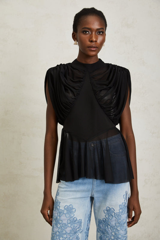 Aurore Black Ruched Mesh Top