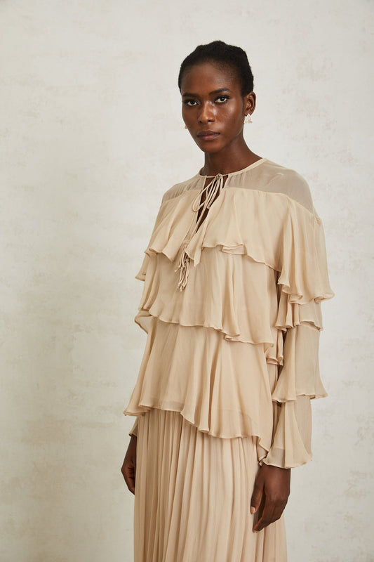 Brigitte Neutral Layered Chiffon Blouse & Skirt Set