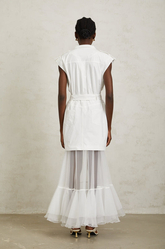Juliette White Belted Tulle Panel Midi Dress