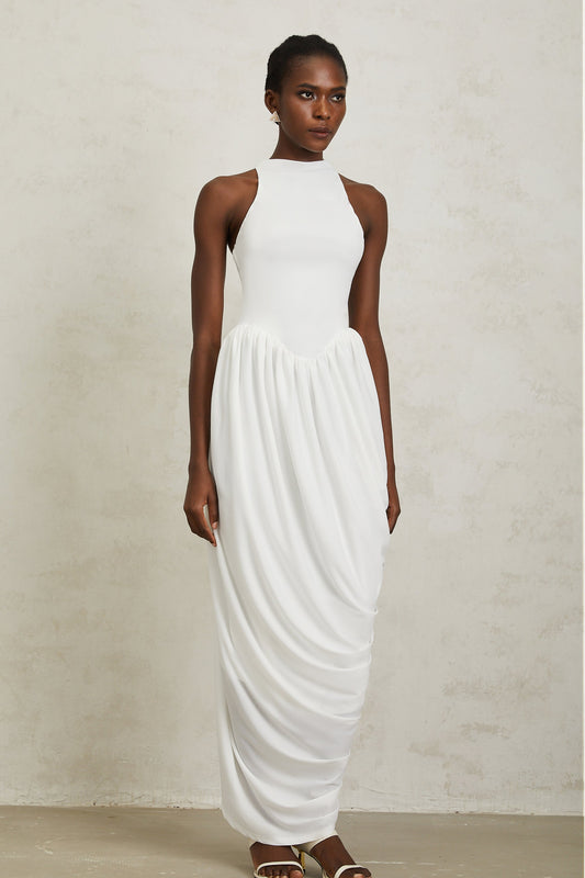 Catalina White Halterneck Draped Maxi Dress
