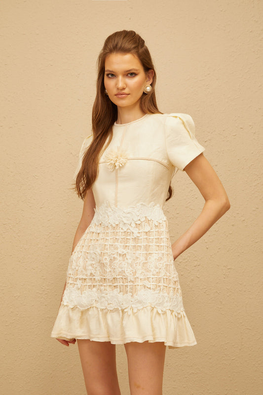 Bianka Neutral Crochet Floral Mini Dress
