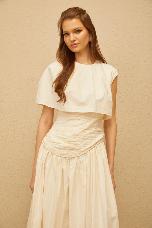 Boglárka Cream White Asymmetrical Ruched Midi Dress